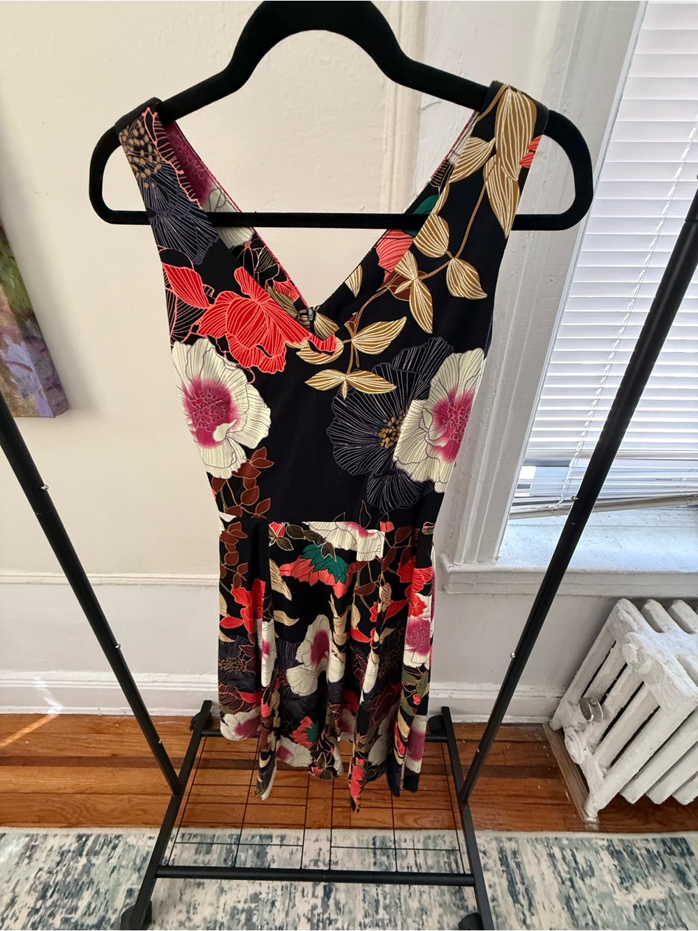 Anthropologie Black Floral V-Neck Midi Dress with Pink & Cream Blooms